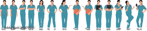 Hand-drawn healthcare worker. Happy smiling doctor with a stethoscope. Female nurse in blue uniform poses. Different color options. Vector flat style illustration set isolated on white