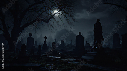 Haunted Christian Cross Gothic Cemetery  Dramatic Skeleton Scene for Halloween. Generative AI