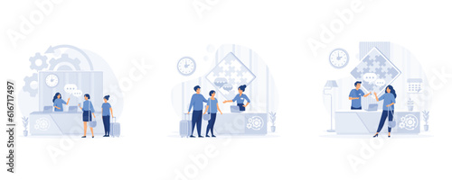Hotel reception, Male customer standing at reception desk and talking to female receptionist.  set flat vector modern illustration	