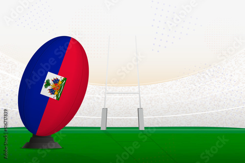 Haiti national team rugby ball on rugby stadium and goal posts, preparing for a penalty or free kick.