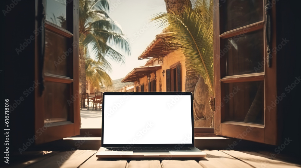 Fototapeta premium Laptop with cut out screen at sea resort. Remote work and business in palm paradise. Online purchase of air tickets and hotels. Copy space
