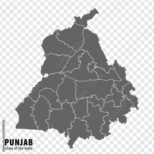 Blank map State  Punjab of India. High quality map Punjab with municipalities on transparent background for your web site design, logo, app, UI. Republic of India.  EPS10.