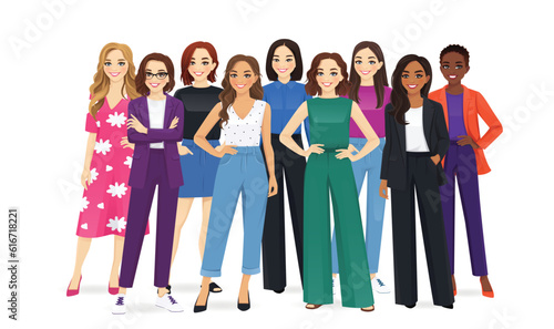 Multiethnic multicultural group of different casual and business women standing together isolated vector illustration