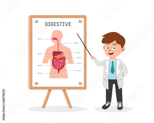 Digestive system clipart cartoon. Doctor presenting human digestive system at medical seminar flat vector illustration. Gastrointestinal tract, liver, stomach, intestine. Doctor conference concept