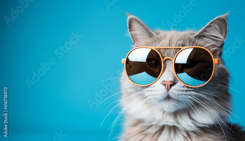 A close-up portrait of a stylish cat wearing glasses, exuding a fashionable vibe against a blue background. Based on Generative Ai.