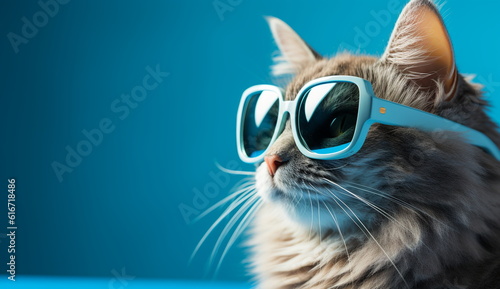 A close-up portrait of a stylish cat wearing glasses, exuding a fashionable vibe against a blue background. Based on Generative Ai.
