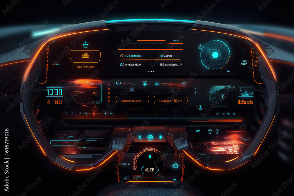 Futuristic autonomous vehicle cockpit. Interior of unmanned car cockpit with digital screens. Created with Generative AI Futuristic autonomous vehicle cockpit. Interior of unmanned car cockpit with digital screens. Created with Generative AI