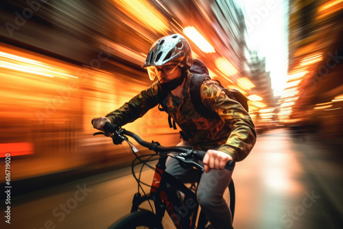 Male biker driving cycle at city street, motion blur effect. Created with Generative AI