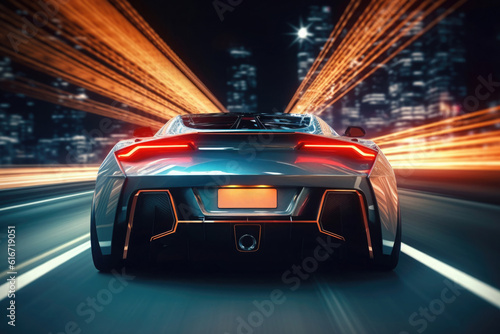 Car silhouette with motion blur effect. Futuristic sports car at night road with light effects. Supercar acceleration at night track with colored light trails. Created with Generative AI
