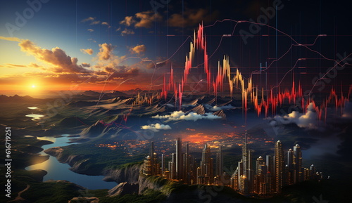 An illustration depicting a stylish business chart graphic set against the backdrop of a trendy cityscape, exuding a contemporary urban vibe.