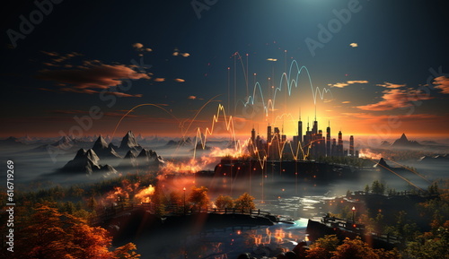 An illustration depicting a stylish business chart graphic set against the backdrop of a trendy cityscape  exuding a contemporary urban vibe.