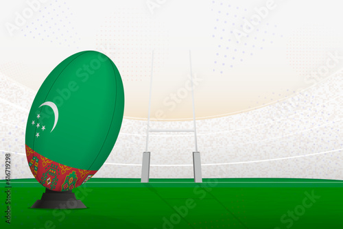 Turkmenistan national team rugby ball on rugby stadium and goal posts, preparing for a penalty or free kick.