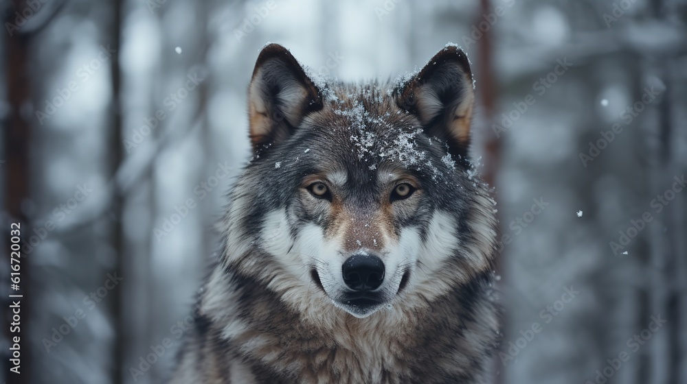 Naklejka premium A majestic wolf in the snow.AI generated. 