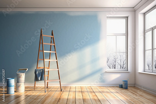 Hyper - realistic depiction of a DIY home improvement project in progress: freshly painted white walls, a vintage wooden ladder, a paintbrush resting on an open paint can, blue painter's tape along th