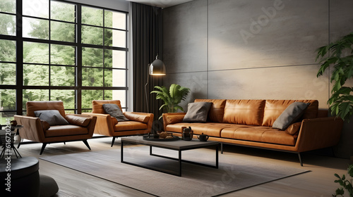 modern living room with sofa, living room interior, Interior leather sofa, mockup sofa, Interior of living room with leather sofa, Modern Style, Generative AI © suriya