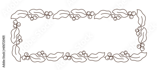 Coffee rectangular frame pattern ornament. Leaves with beans. Editable outline stroke. Vector line.