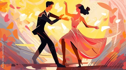 art illustration of couple perform dancing at ballroom banquet party, Generative Ai