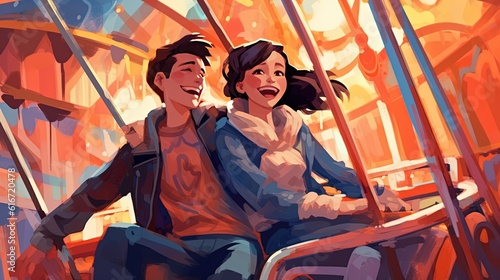 art illustration lover couple ride on amusement park ride, Generative Ai