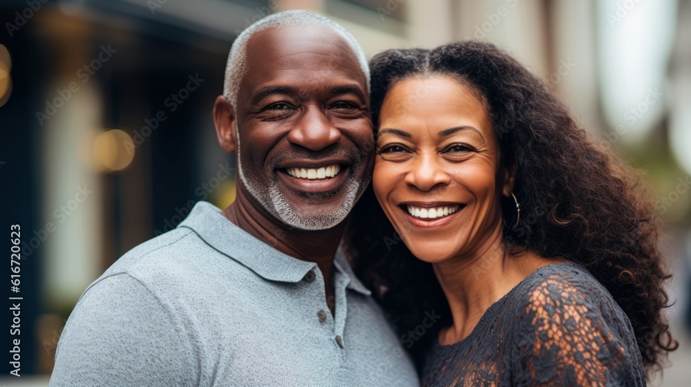 Portrait of happy African American couple looking at camera in the city. Portrait of smiling couple standing in street, lifestyle. Cheerful african american couple embracing each other. AI Generated. Portrait of happy African American couple looking at camera in the city. Portrait of smiling couple standing in street, lifestyle. Cheerful african american couple embracing each other. AI Generated.