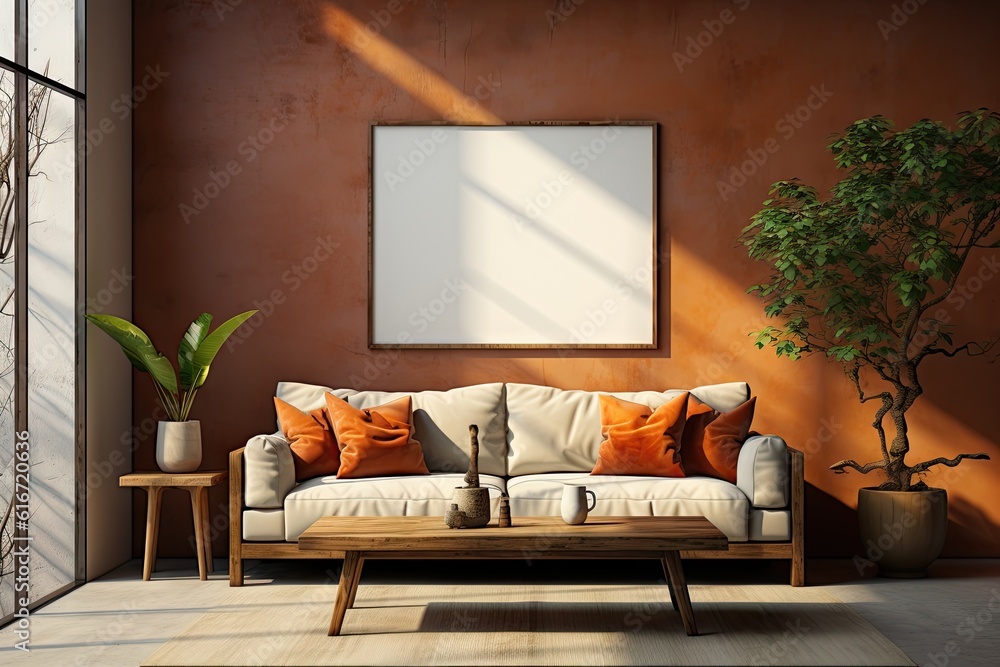 Φωτογραφία Mockup of living room with orange wall, white sofa, orange pillow in the style of large blank photo frame mockup, earth tone color palette, matte background, classic design