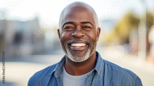 Senior African man smiling at the camera outdoors. Close-up portrait of a smiling handsome african american man in the city. Middle aged man looking at a camera in a city. AI Generated