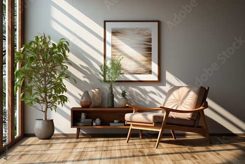 Mockup of a living room with a chair and plants, in the style of white room, unprimed canvas, sunlight from the windows, color field minimalism, wooden furniture, mockup frame of canvas. Generative AI photo