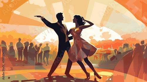 Print op canvas art illustration of couple perform dancing at ballroom banquet party, Generative