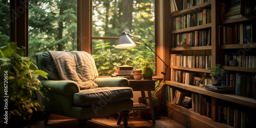 Hyper - realistic photography  a cozy reading nook in a rustic cabin  wooden bookshelf filled with classic novels  plush armchair in rich forest green  warm ambient light from a nearby window  dappled