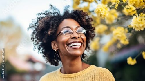 Beautiful african american woman with afro hairstyle posing in front of a blooming tree. Close-up portrait of a cheerful handsome african american woman in a park. Middle aged female. AI Generated