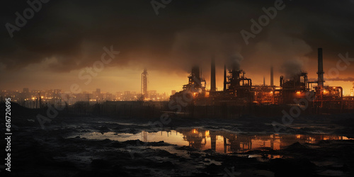 Smoky industrial landscape, rusted factories, grey smoke, twilight sky, plastic