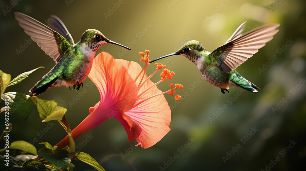 Fototapeta premium Two hummingbirds hovering around a vibrant hibiscus flower, macro photography