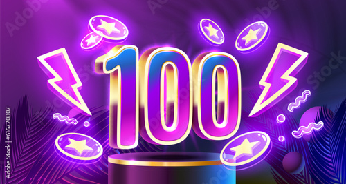 Free coins 100, promo flyer poster, banner game play. Vector illustration