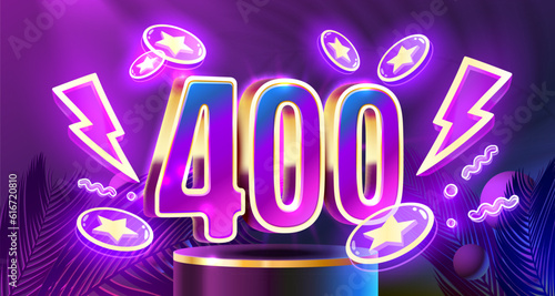 Free coins 400, promo flyer poster, banner game play. Vector illustration