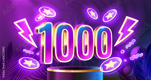 Free coins 1000, promo flyer poster, banner game play. Vector illustration