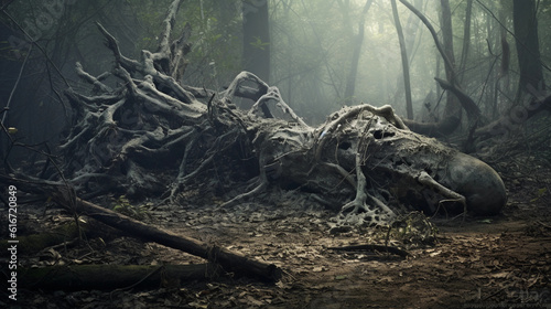 Realistic photograph, skeletal, forest