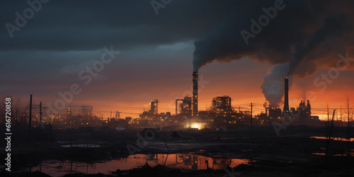 Smoky industrial landscape, rusted factories, grey smoke, twilight sky, plastic