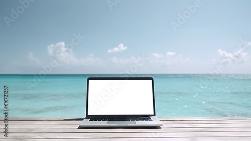 Laptop with cut out screen at sea resort. Remote work and business in palm paradise. Online purchase of air tickets and hotels. Copy space © Yeti Studio