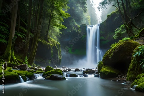 Print op canvas stream in the forest waterfall in the mountains