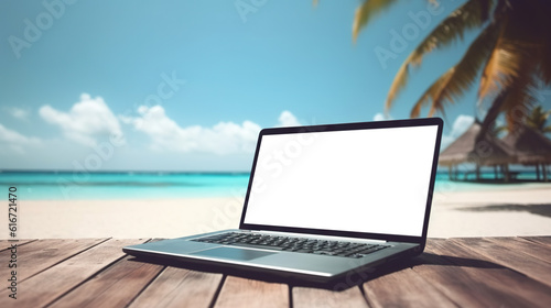 Laptop with cut out screen at sea resort. Remote work and business in palm paradise. Online purchase of air tickets and hotels. Copy space © Yeti Studio