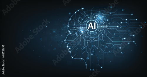 Electronic brain and Concept of artificial intelligence(AI).Graphic of a digital brain and Human head outline made from circuit board, connecting on dark blue background.