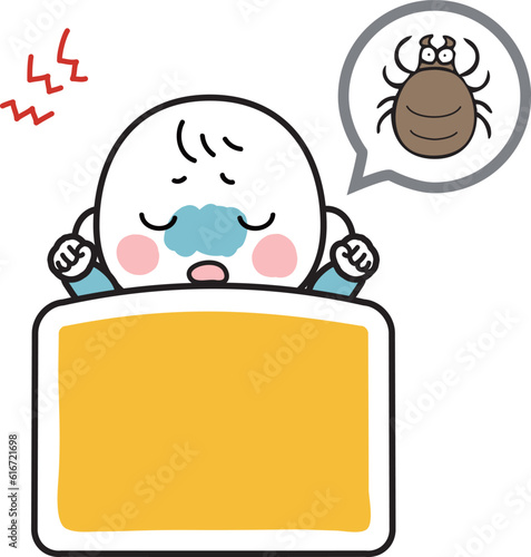 睡眠中の赤ちゃんの布団にダニがいるイラスト