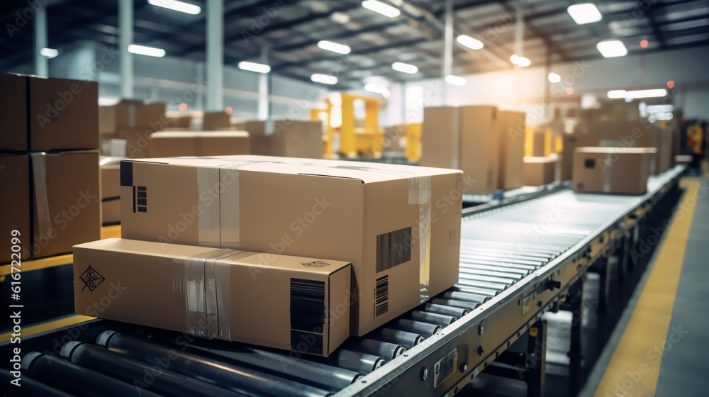 Closeup of multiple cardboard box packages seamlessly moving along a conveyor belt in a warehouse fulfillment center, a snapshot of e-commerce, delivery, automation, and products. Generative ai Closeup of multiple cardboard box packages seamlessly moving along a conveyor belt in a warehouse fulfillment center, a snapshot of e-commerce, delivery, automation, and products. Generative ai