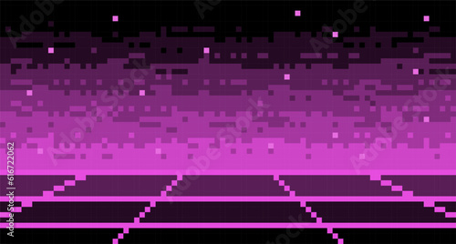 Pixel mesh neon synthwave surface background. Geometric 8bit blank purple 80s grid with cyberpunk striped luminary. Electronic violet glow in 90s vector style