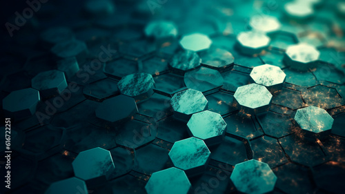 Fractal hexagons with grainy bokeh  colorful and bright background textures 