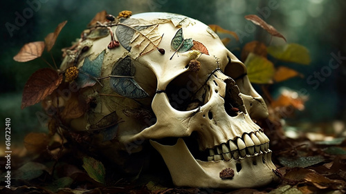 butterflies sit on a skull lying in the grass
