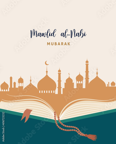 Mawlid al-Nabi, Prophet Muhammad's Birthday banner, poster and greeting card with open Quran book, 