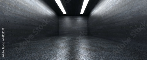 Fototapeta Naklejka Na Ścianę i Meble -  Concrete dark room with white backlight background. Black cement industrial corridor with 3d render blank underground design and white glowing led lines