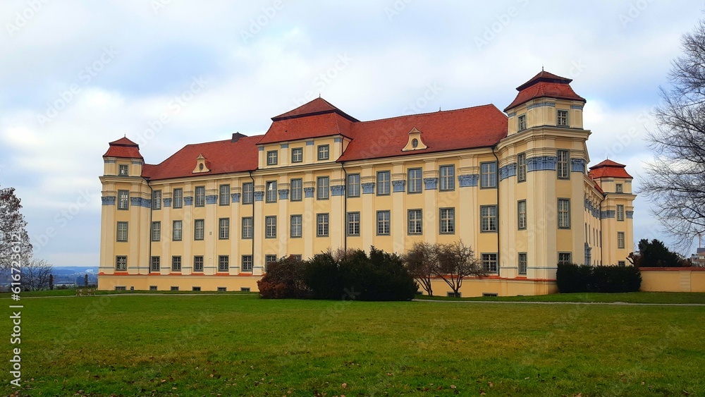 New Castle Tettnang - Germany - 18th-century Baroque royal palace with towers and rooms with Rococo-style paintings and stuccoes.