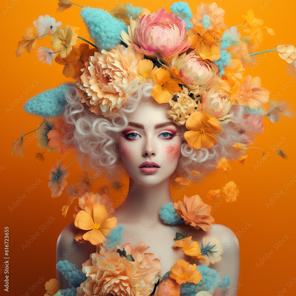 Fashion portrait of beautiful young woman with big buds of flowers in her hair, orange background. Beauty, Fashion. Girl with natural makeup and hairstyle. Art portrait. Spring and summer concept.