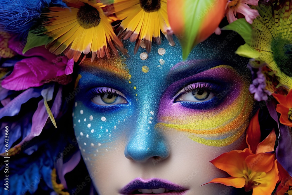 Closeup portrait of beautiful woman with creative make-up and flowers. Art portrait of girl with blue fantasy  face art make-up and with field flowers. Beauty and fashion concept.
